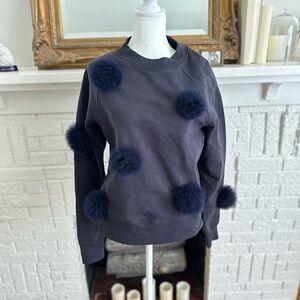 Tibi Navy Crew Neck Sweater with Pom Poms